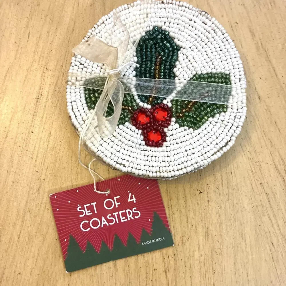 All Over Beaded Christmas Holly Berry Coasters Set of 4 Green Red White 4.5”